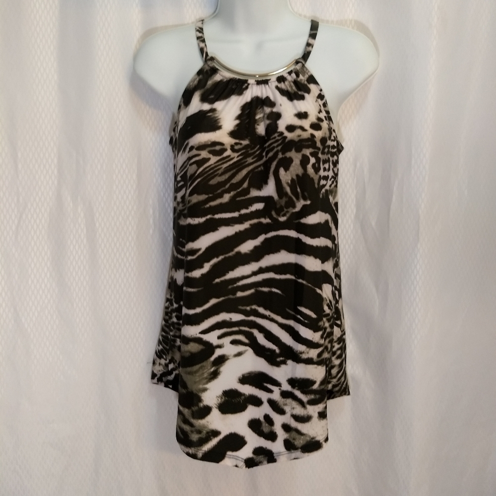 I-N-C Poly/Spandex Animal Print Top with V-Hem, Gold Trim, Olive/Cream, XS